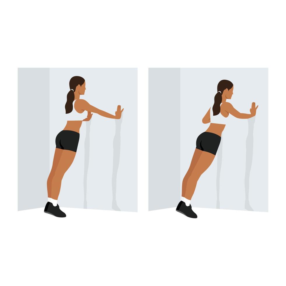 donna che fa muro push up. esercizio di flessione in piedi. illustrazione vettoriale piatta isolata su sfondo bianco. set di caratteri di allenamento