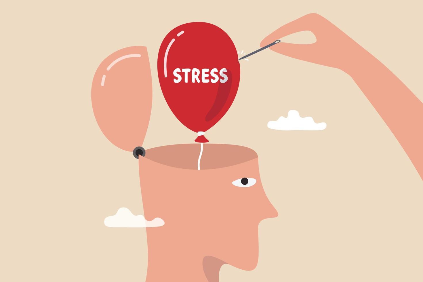 gestione dello stress, rilassamento per alleviare l'ansia o la rabbia dal cervello, meditazione per aiutare a ridurre il concetto di stress, il medico aiuta a risolvere il problema dell'ansia usando l'ago per far scoppiare il palloncino dello stress. vettore