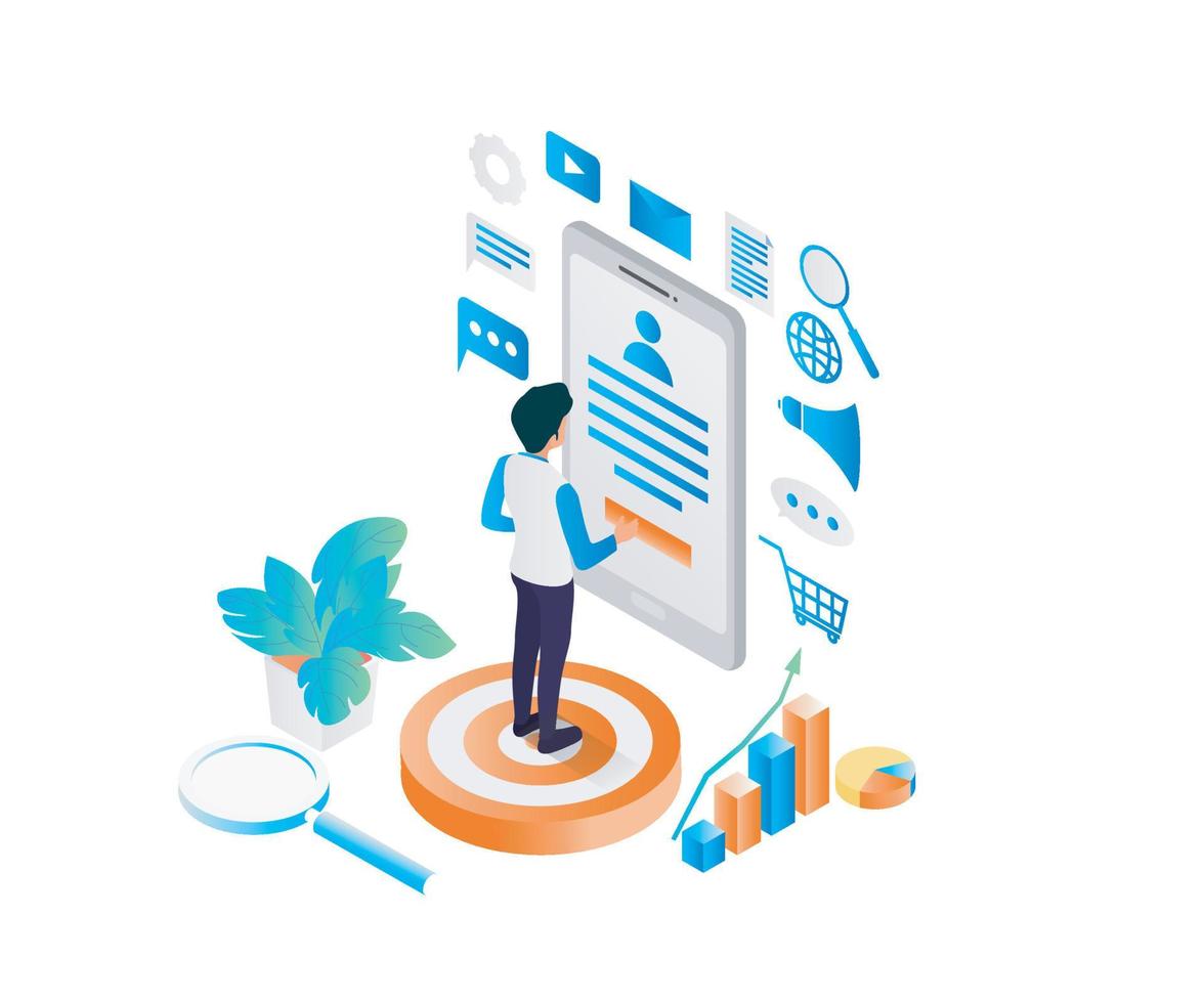 illustrazione in stile isometrico sulla strategia di social media marketing con smartphone e icona vettore