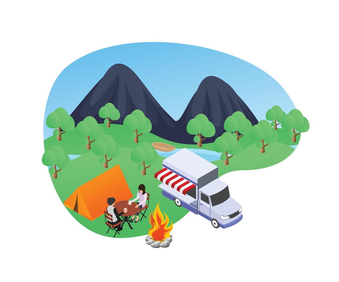 illustrazione di una famiglia in campeggio nello stile isometrico della foresta vettore