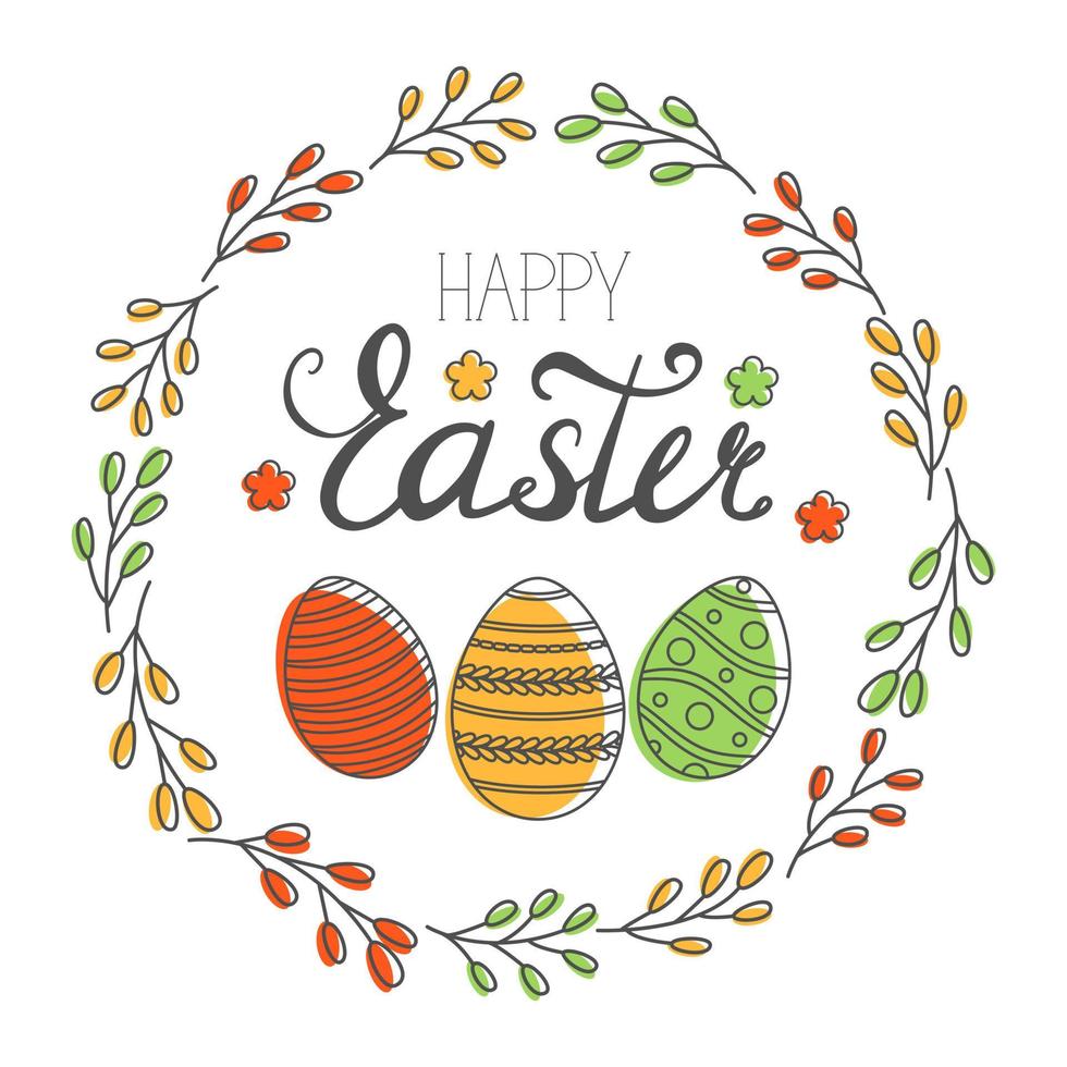 cartolina d'auguri di buona pasqua con iscrizione calligrafica e uova. scritta di buona pasqua. elementi di pasqua disegnati a mano ghirlanda di uova sullo sfondo bianco. illustrazione vettoriale. vettore