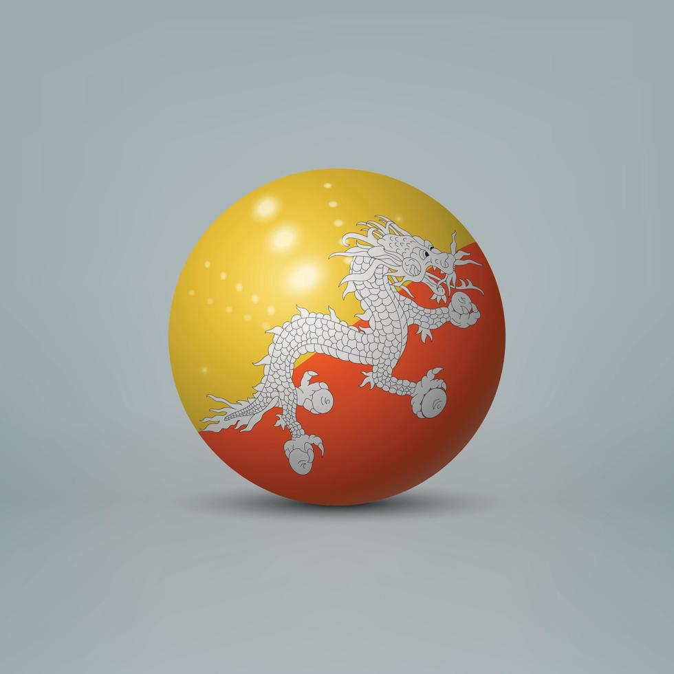 Sfera o sfera di plastica lucida realistica 3d con la bandiera del bhutan vettore