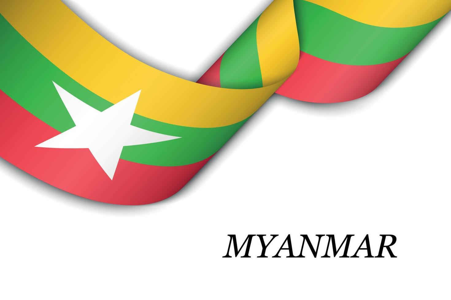 sventolando il nastro o lo striscione con la bandiera del Myanmar vettore