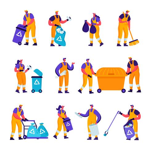 Set di personaggi dei lavoratori di fabbrica di riciclaggio di immondizia piatta e metallurgia. Cartoon People Ecologia Protezione e inquinamento Dipendenti del settore, saldatore, scavengers raccolgono rifiuti. Illustrazione vettoriale