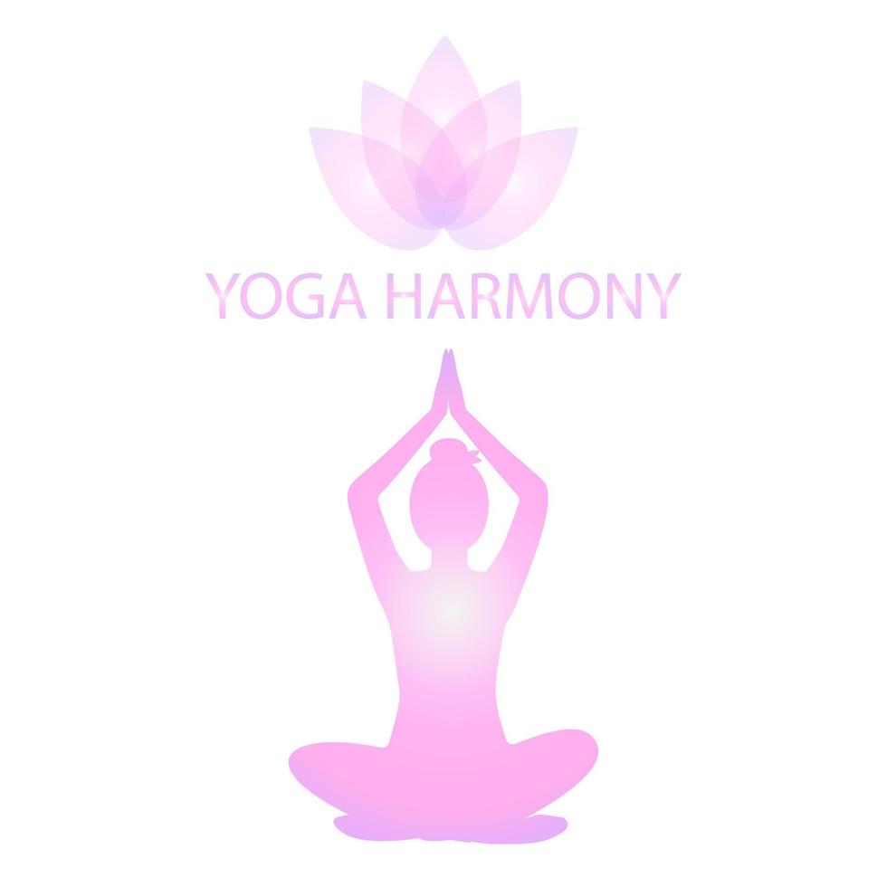 la figura femminile è seduta nella posizione del loto, isolato, sfondo bianco. fiore di loto, iscrizione yoga armonia. logo dello studio di yoga per banner, pagine web. sfumatura rosa delicata vettore