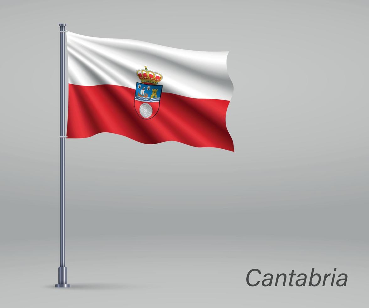 sventolando la bandiera della cantabria - regione della spagna sul pennone. modello vettore