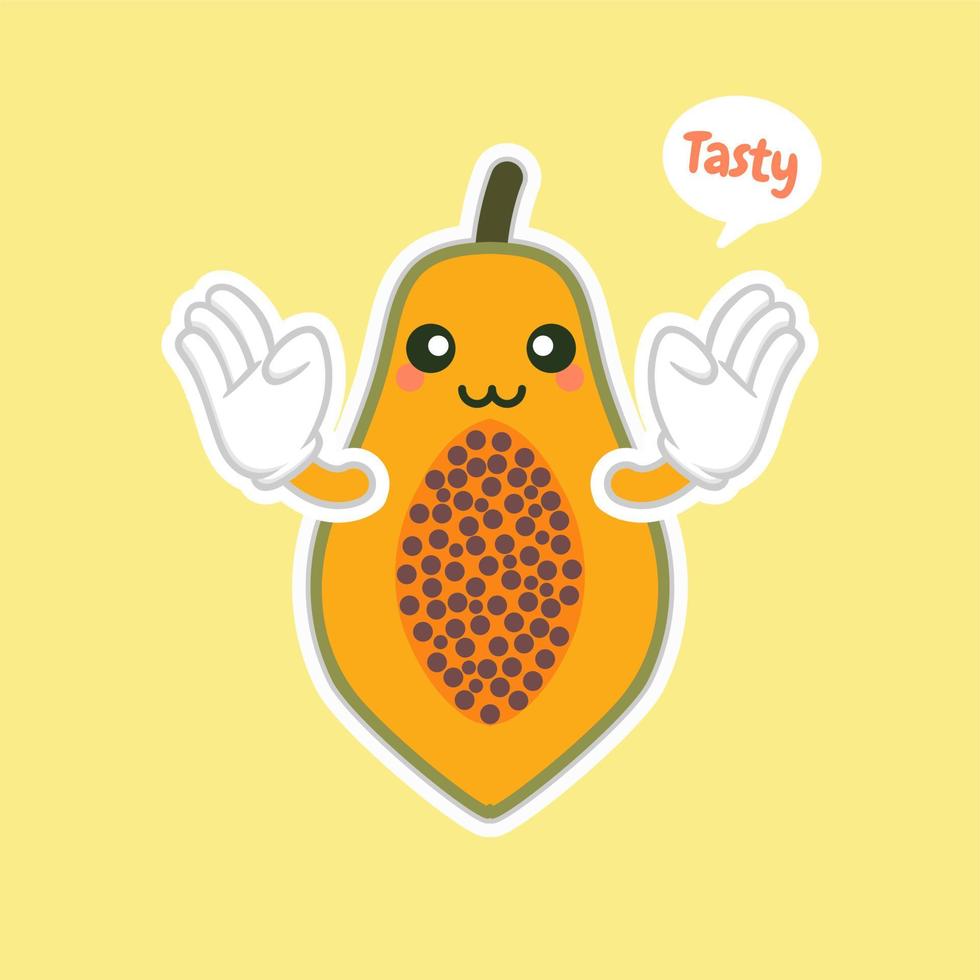 simpatici personaggi di papaia in stile cartone animato kawaii per cibo sano, vegano e design di cucina. papaia di frutta d'attualità, vitamine e nutrizione, cibo sano e ingrediente per bevande succhi vettore