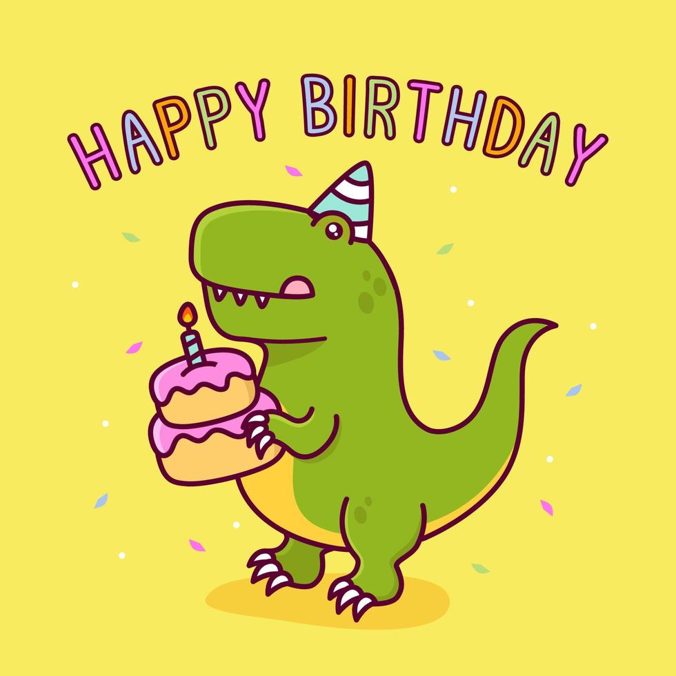 simpatico tirannosauro con torta di compleanno vettore