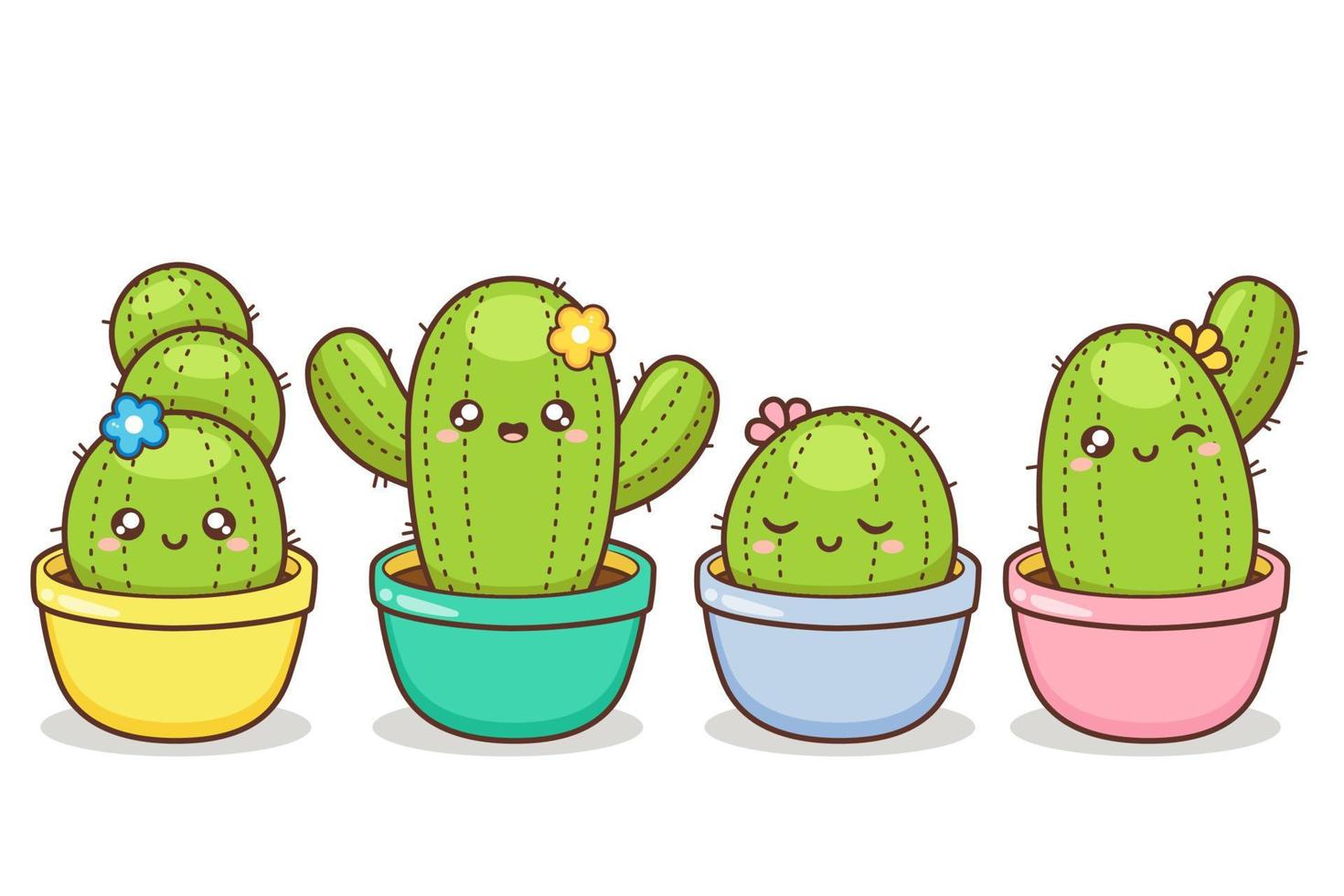 carino cactus di espressione diversa in vaso colorato vettore