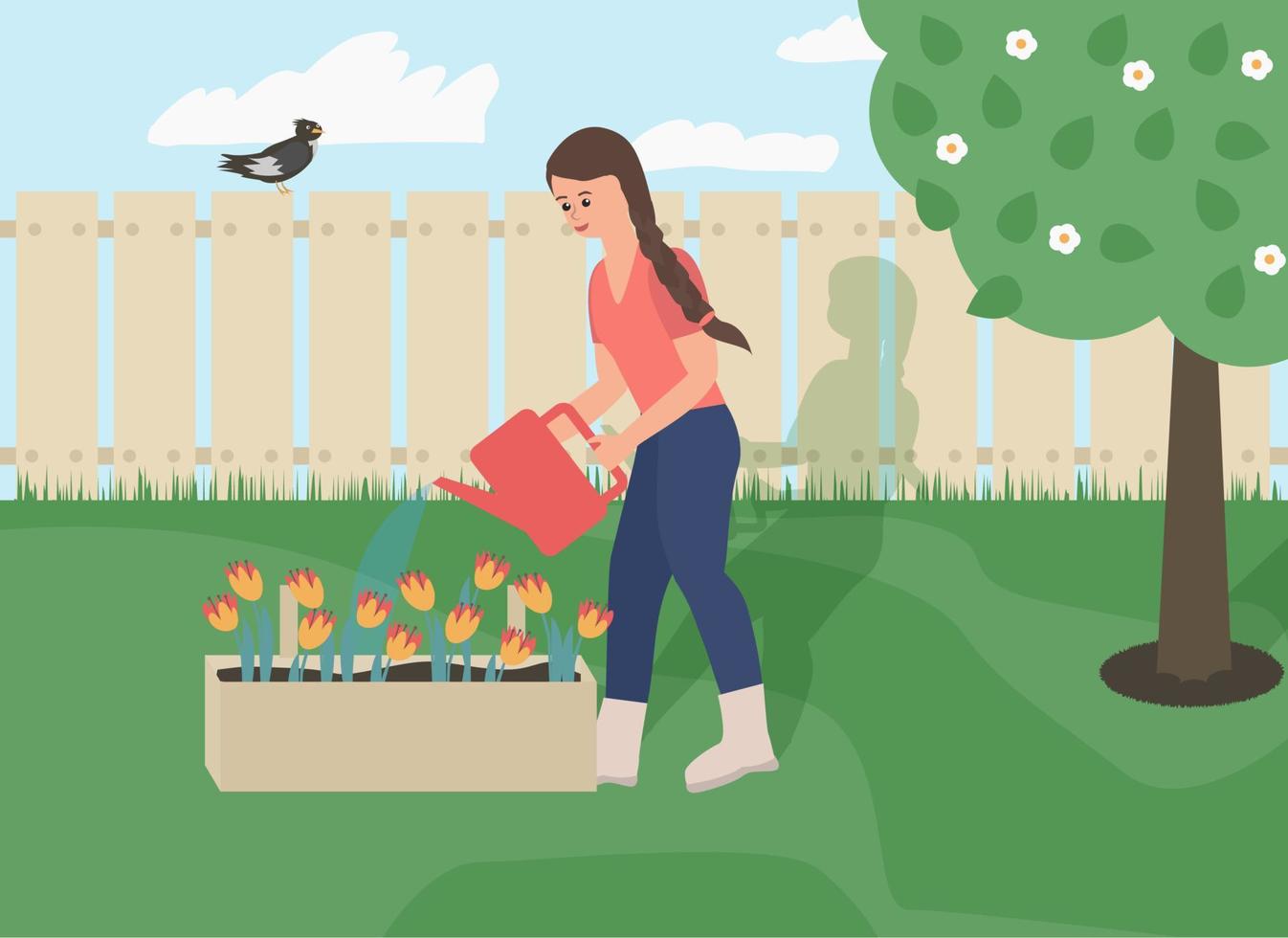 giovane donna che innaffia le piante. illustrazione vettoriale di attività del giardino.