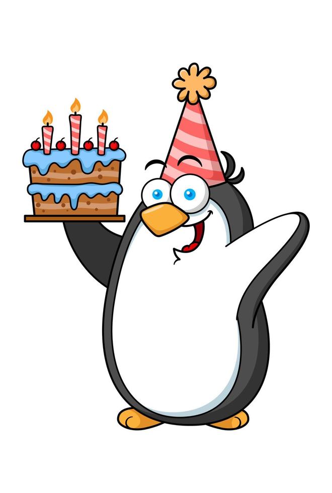 personaggio della mascotte del pinguino del fumetto che tiene la torta di compleanno vettore