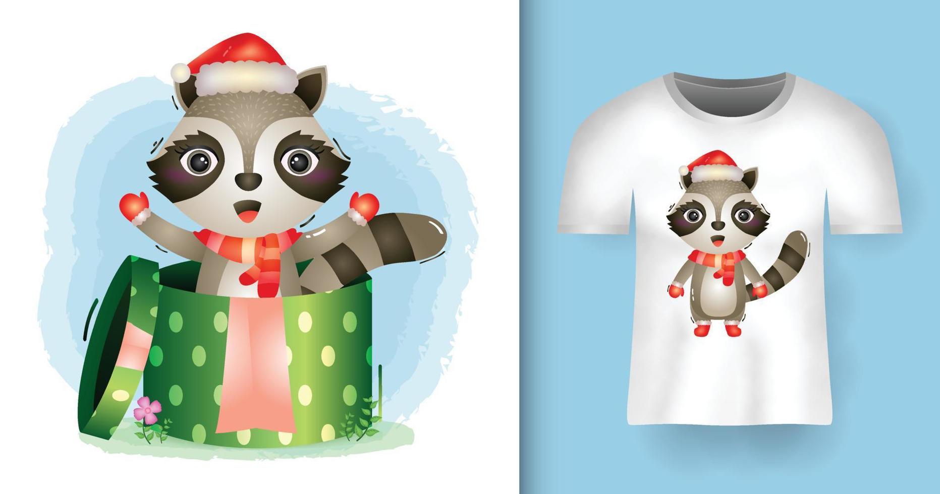 simpatici personaggi natalizi di procione con cappello da Babbo Natale e sciarpa nella confezione regalo con design a t-shirt vettore