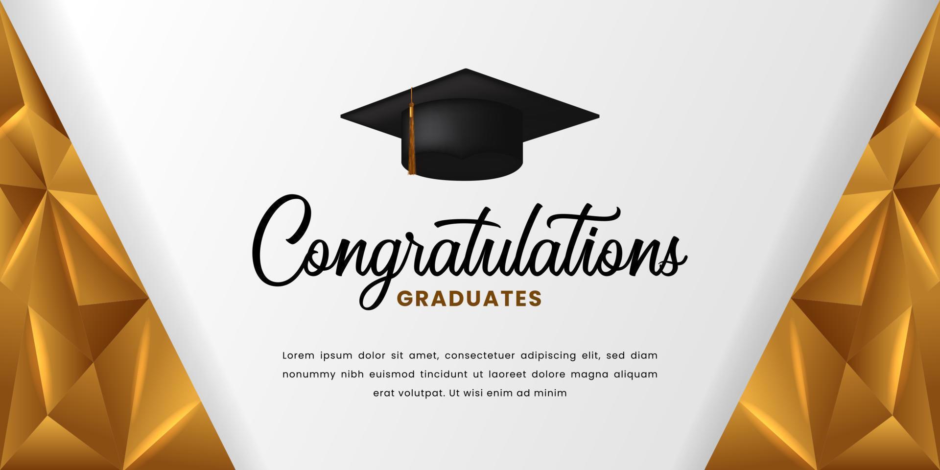 congratulazioni felici di laurea con cappuccio di laurea 3d e sfondo dorato per il modello di banner dell'università universitaria vettore