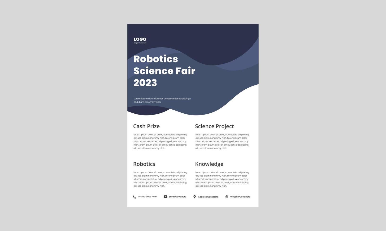 modello di progettazione di volantino per la fiera della scienza. design del volantino del poster della fiera della scienza dell'università della scuola. design del volantino per la fiera della scienza per bambini. vettore