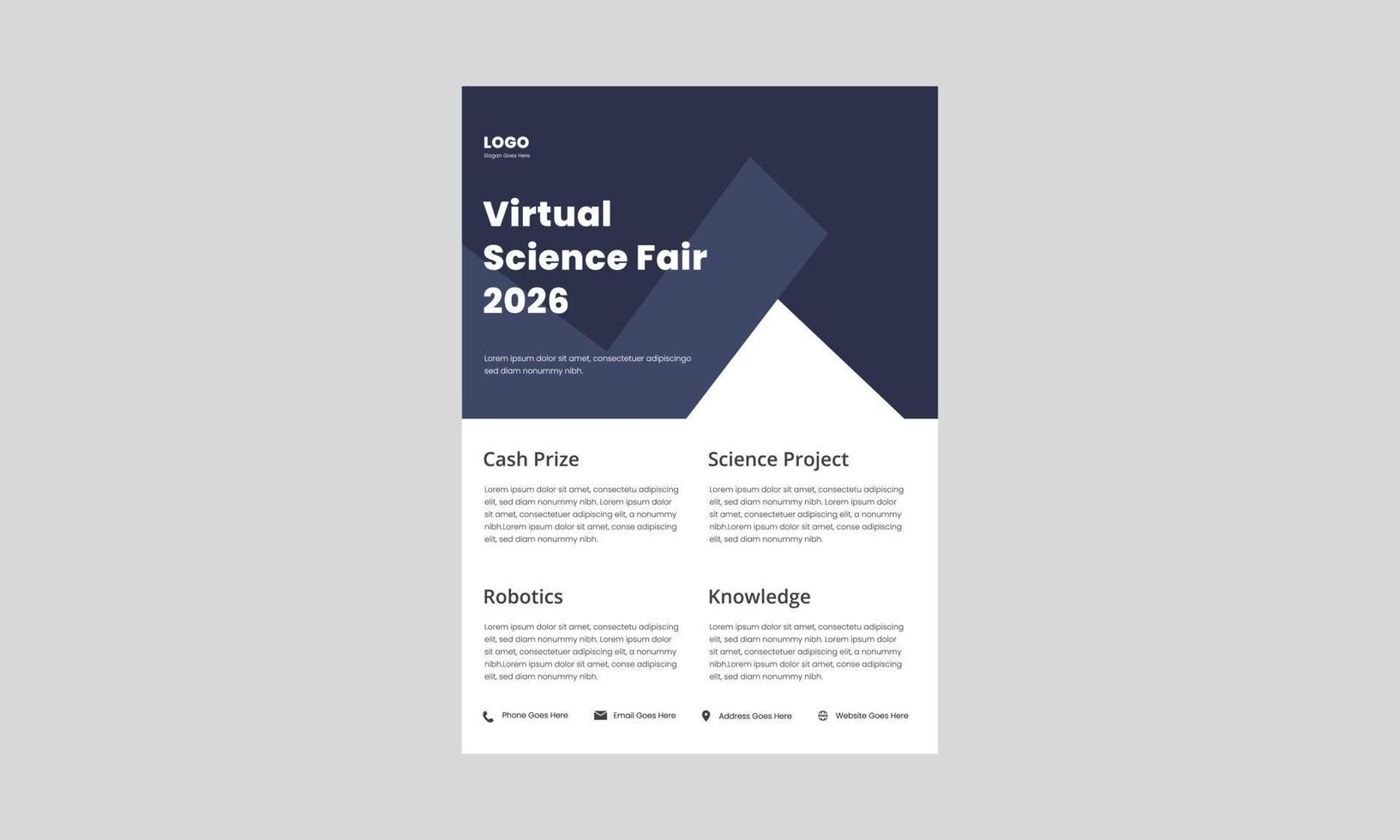 modello di progettazione di volantino per la fiera della scienza. design del volantino del poster della fiera della scienza dell'università della scuola. design del volantino per la fiera della scienza per bambini. vettore