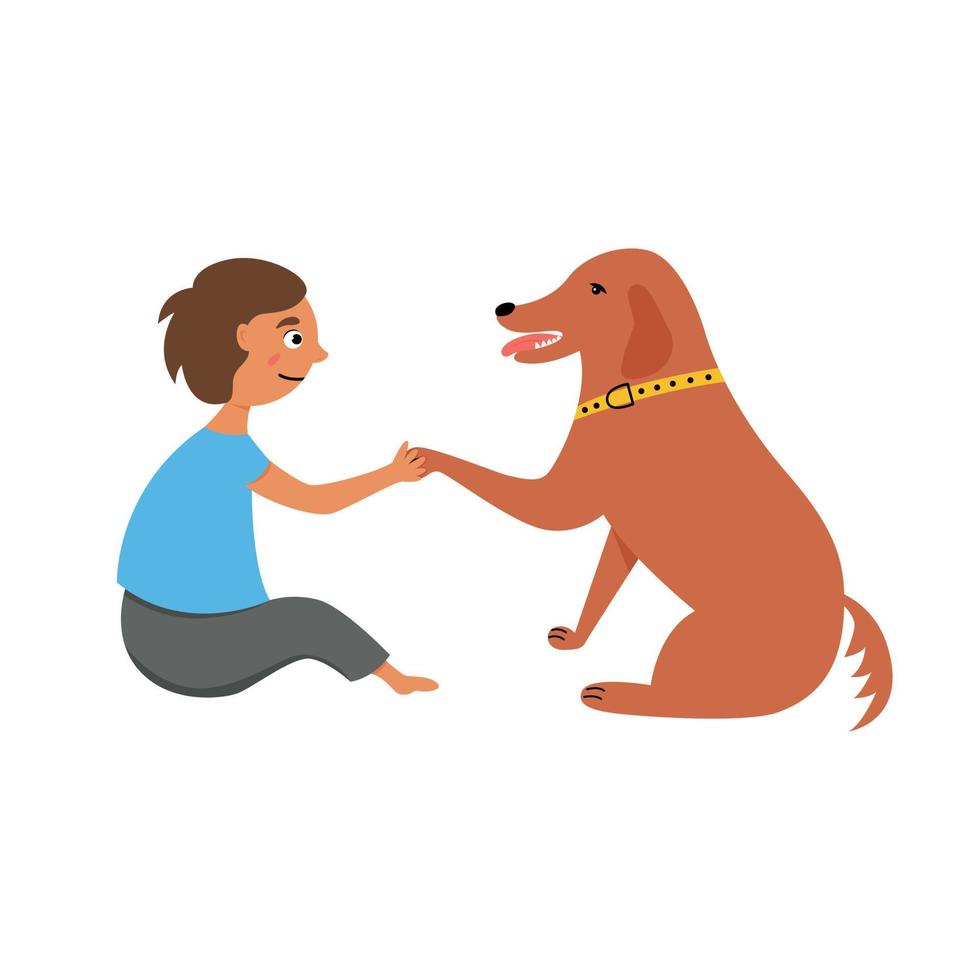 il cane dà la zampa a un bambino. un gioco con un animale domestico. l'amicizia dell'uomo e del cane. illustrazione vettoriale modificabile