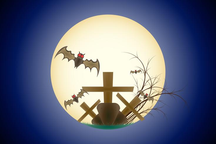 Happy Halloween Grave Bat Flying in the Moon Scene Background Background Blue Gradient vettore