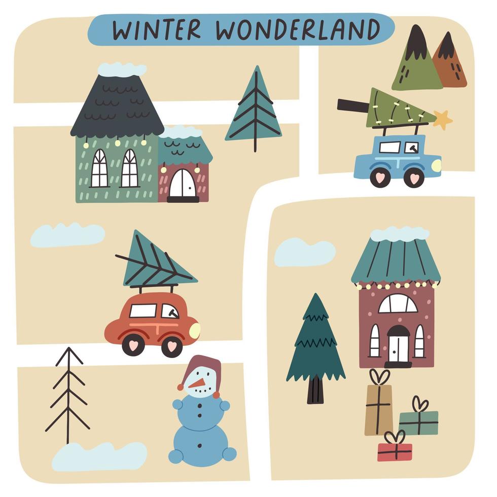 mappa della cartolina di natale con case d'inverno vettore