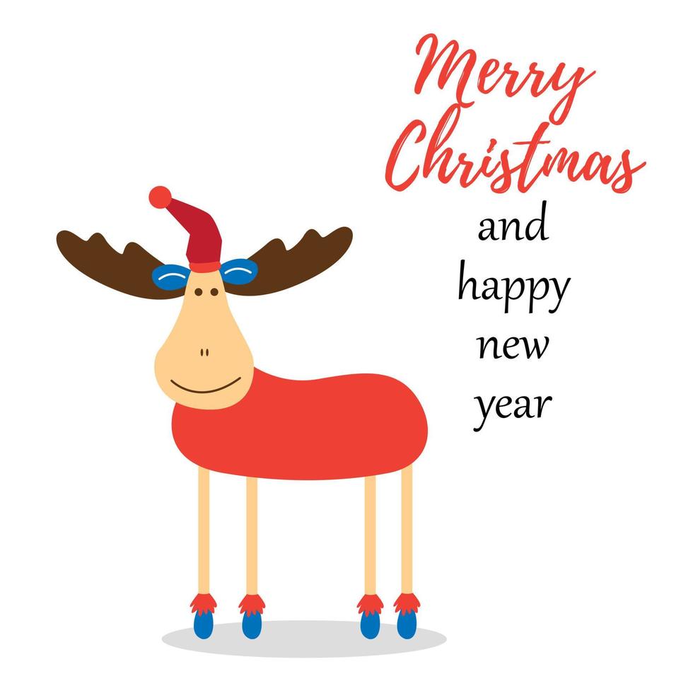 cervo di carattere natalizio. felice anno nuovo e buon Natale. cervo in un cappello con una zucca vettore