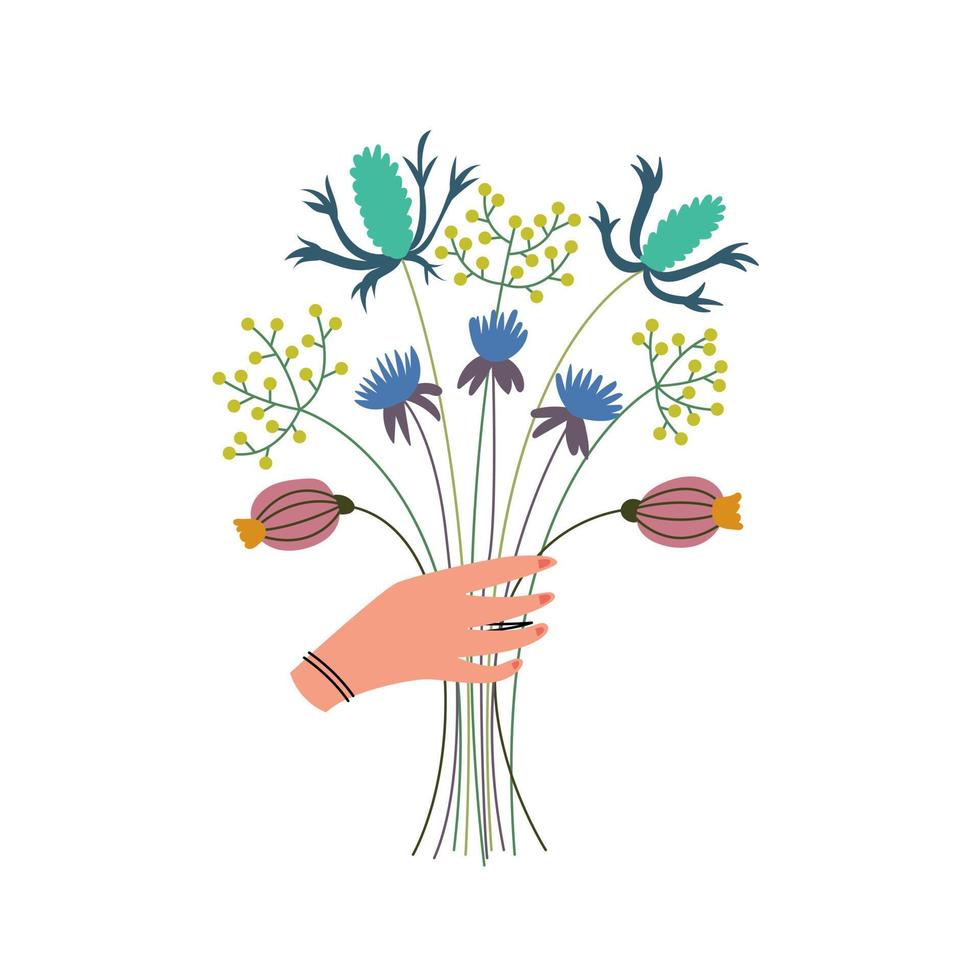 lussureggiante bouquet di fiori di campo nelle mani. raccolta di erbe. alternativa alla medicina alternativa. presentazione di un regalo di fiori vettore
