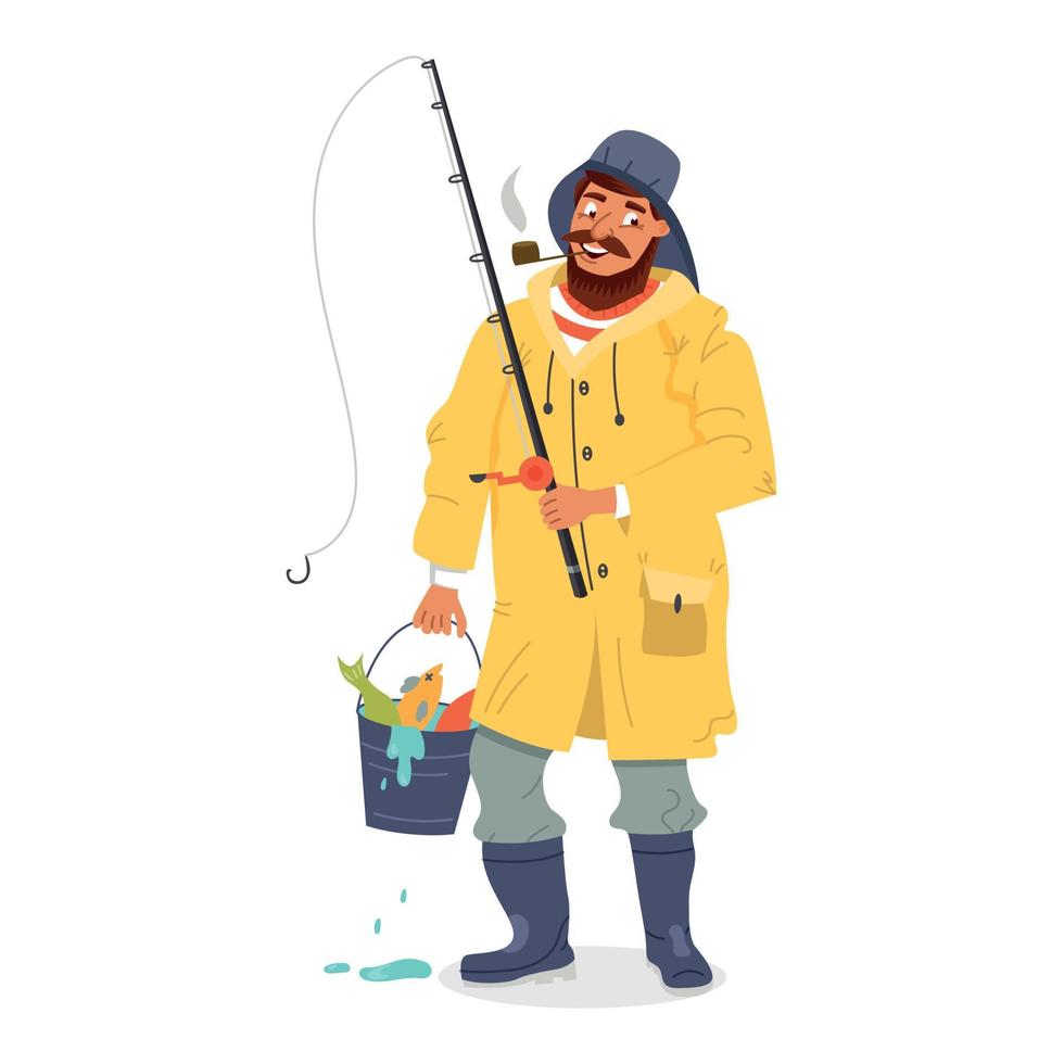pescatore marinaio con una canna da pesca e un secchio di pesce vettore