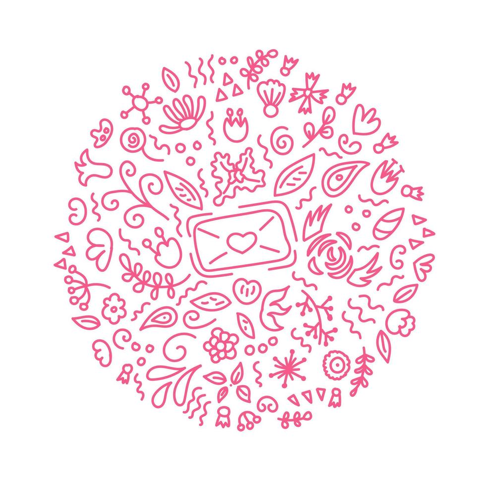 doodle ornamenti floreali inscritti in un cerchio per una lettera d'amore con elementi floreali. San Valentino. simboli vegetali floreali, foglie. illustrazione vettoriale modificabile