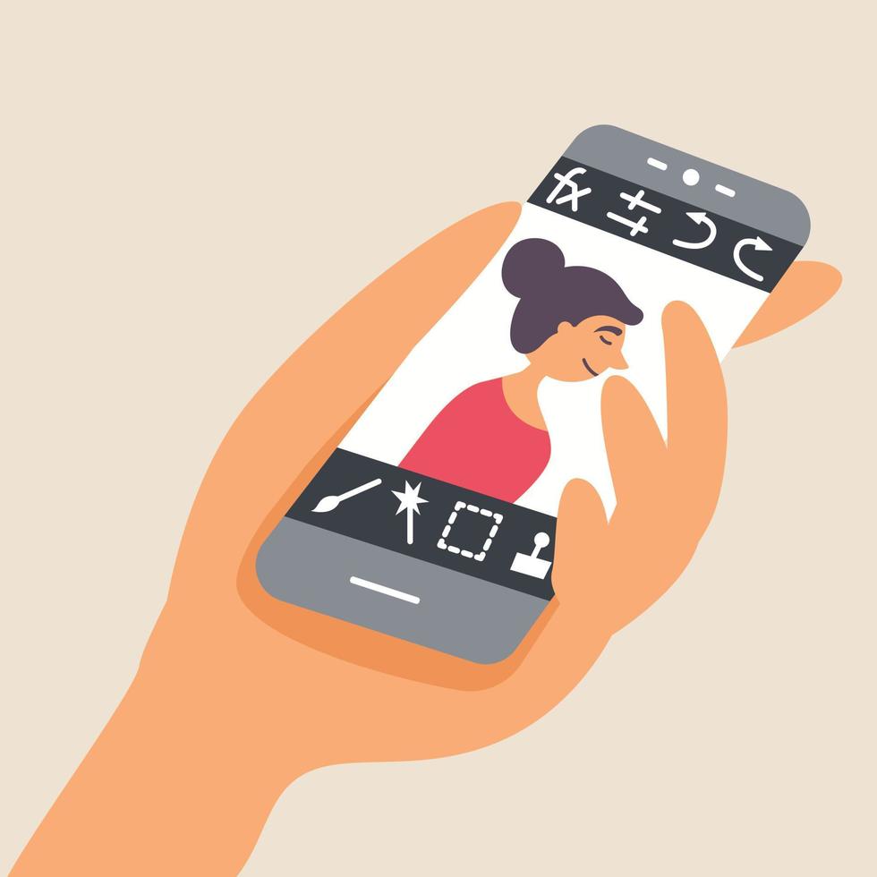 una persona elabora una foto su uno smartphone tramite un editor mobile. mano e telefono con schermo vettore