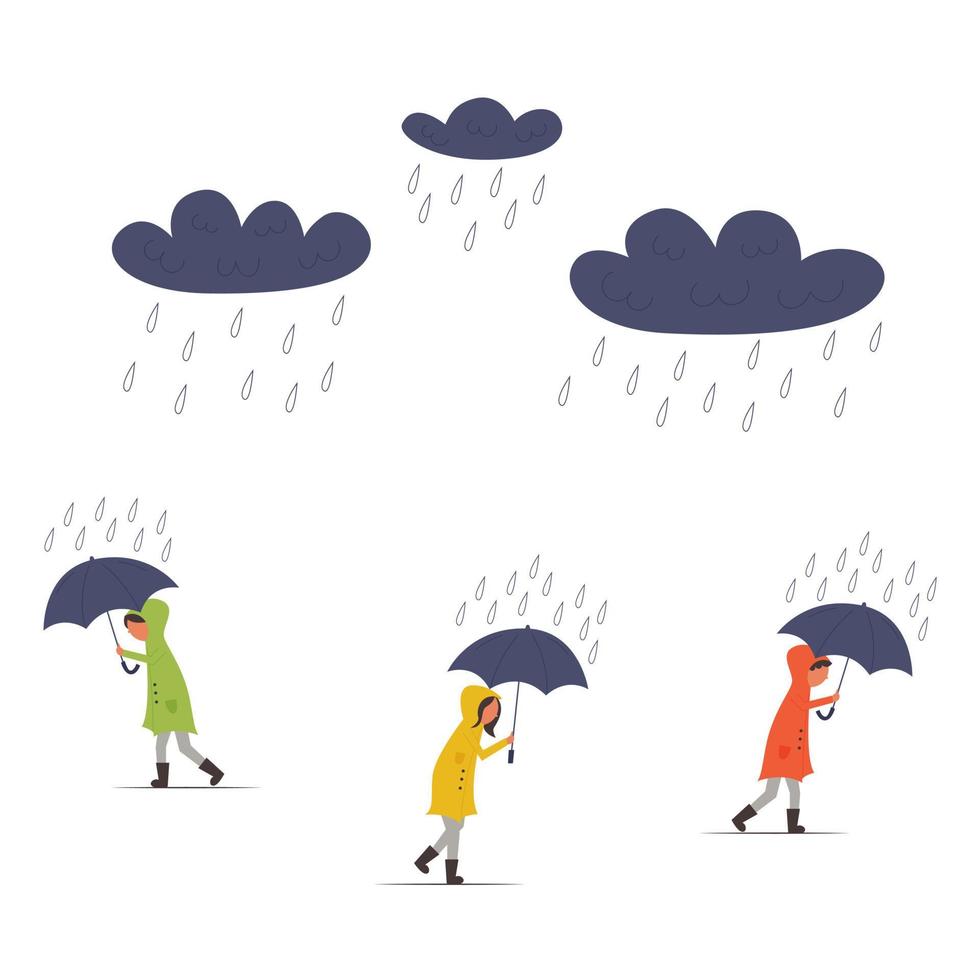 le persone in impermeabile camminano sotto l'ombrellone in caso di pioggia vettore