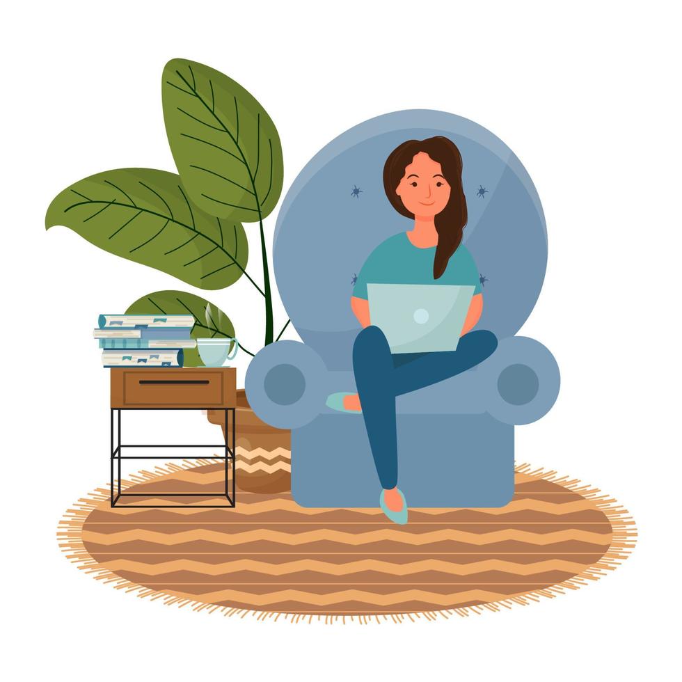 lavoro e studio a casa, concetto di freelance. donna seduta in poltrona, utilizzando il laptop. vicino a libri, piante. moderno disegno vettoriale interessante isolato su sfondo bianco. illustrazione vettoriale