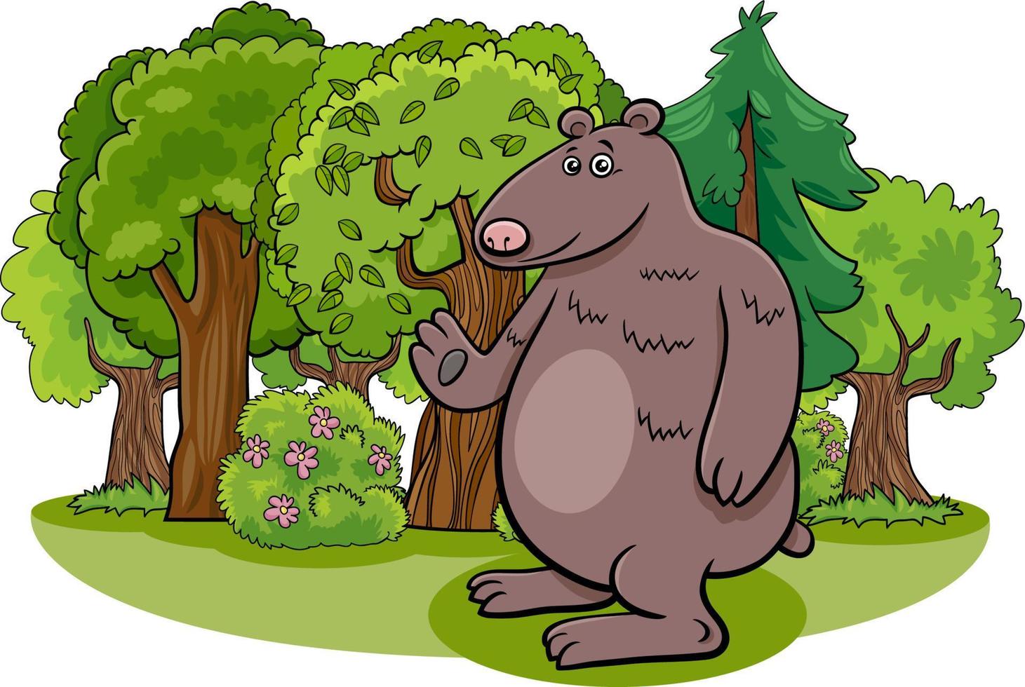 personaggio degli animali selvatici dell'orso dei cartoni animati e la foresta vettore