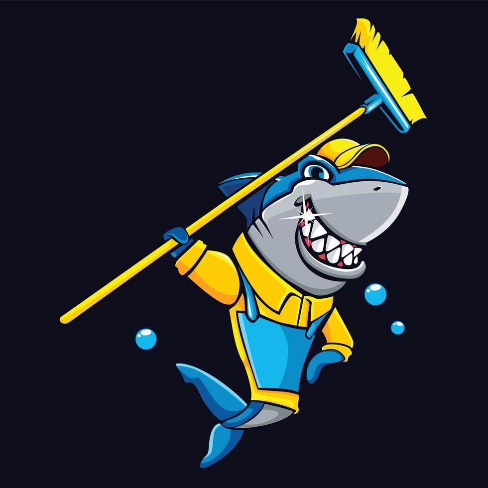illustrazione della mascotte del vettore dello squalo del servizio di pulizia