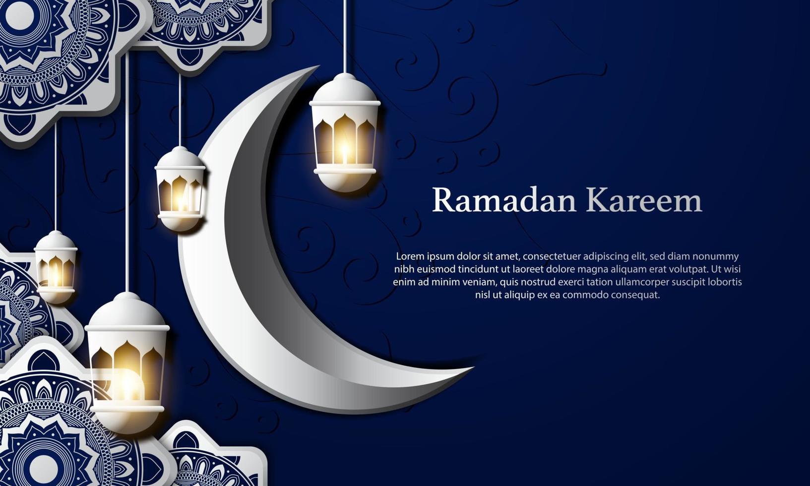grafica vettoriale del ramadan kareem con luna bianca e sfondo blu. adatto per biglietto di auguri, carta da parati e altro.