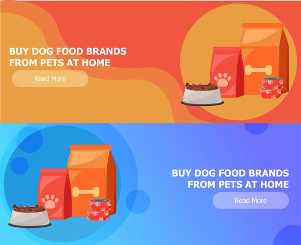 Due striscioni per l&#39;alimentazione degli animali. Alimenti per cani e gatti. Ciotola, imballaggio, pubblicità. Vector piatta illustrazione