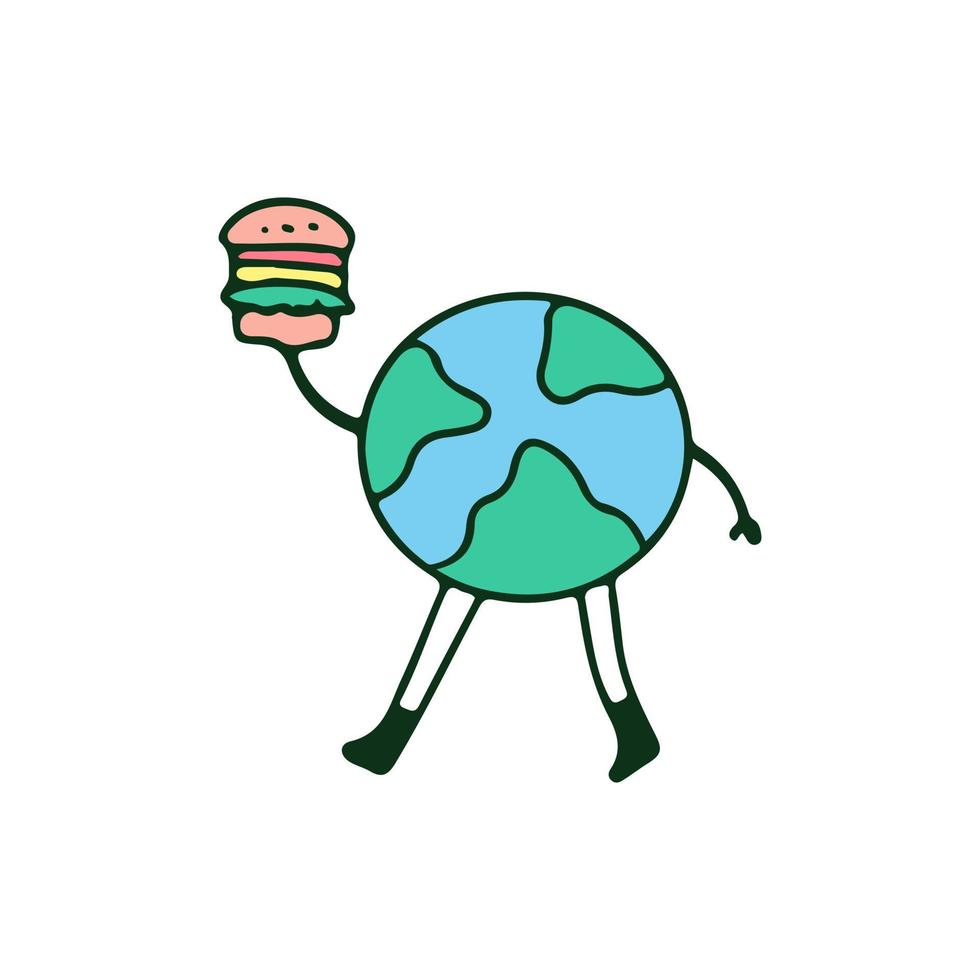 pianeta terra con hamburger, illustrazione per t-shirt, adesivi o articoli di abbigliamento. con stile cartone animato retrò. vettore