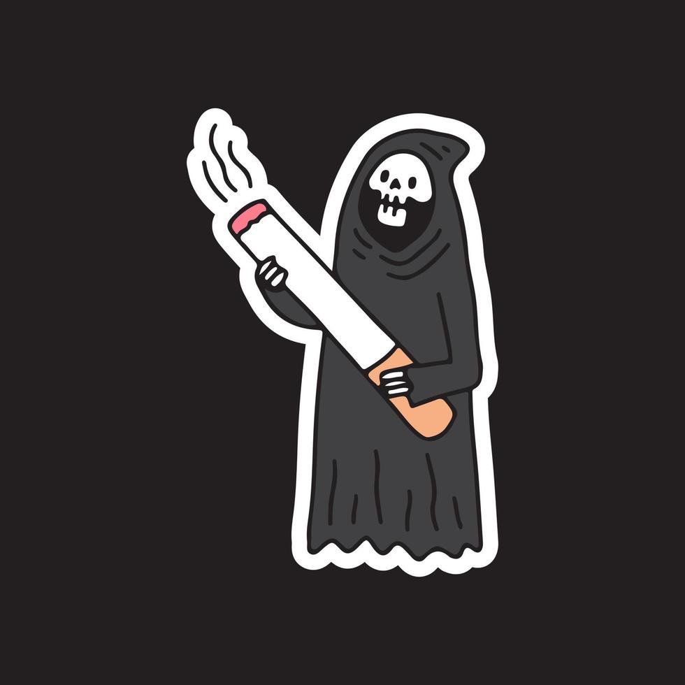 teschio e sigaretta grim reaper, illustrazione per t-shirt, adesivi o articoli di abbigliamento. con stile doodle, retrò e cartone animato. vettore