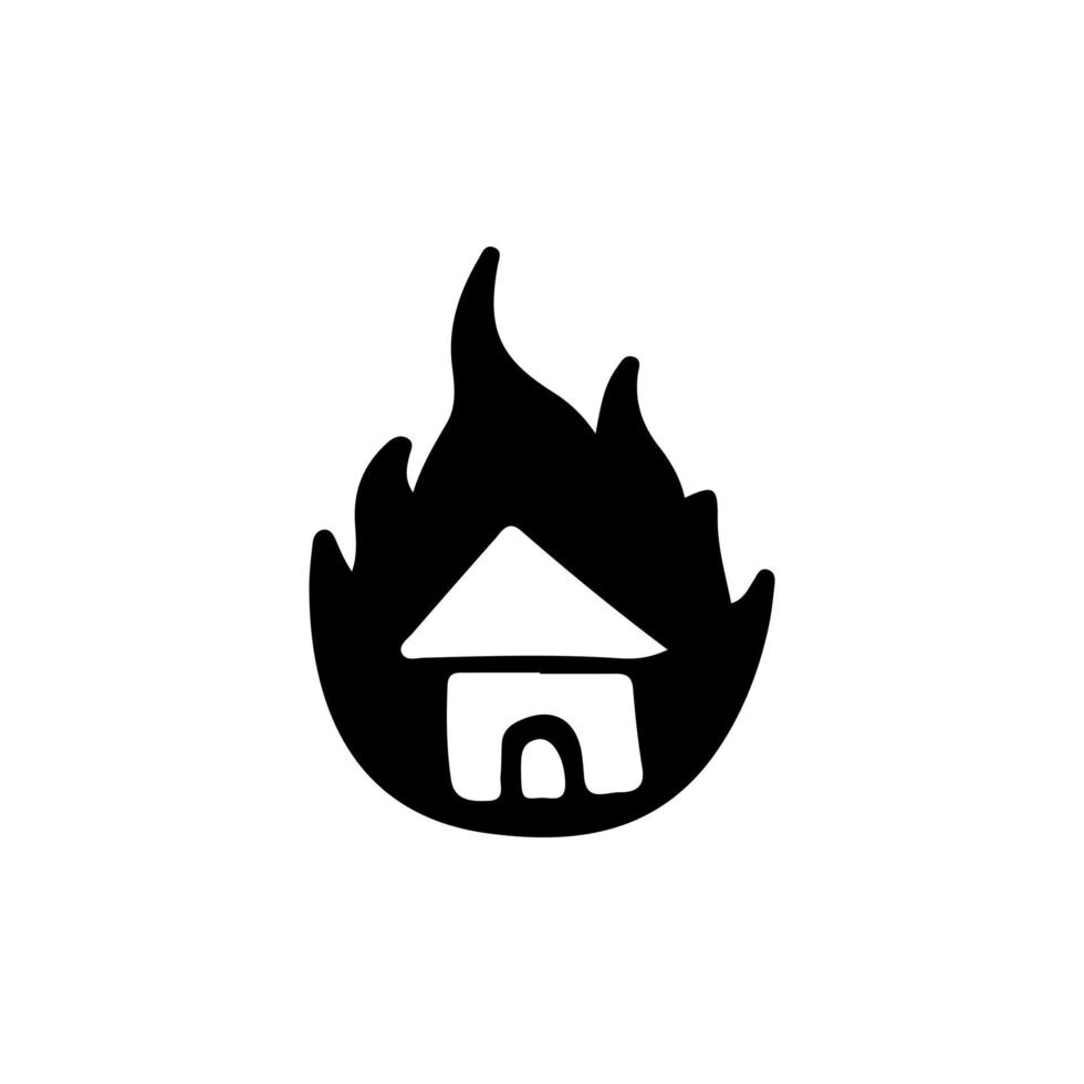 casa e fuoco, illustrazione per t-shirt, adesivi o articoli di abbigliamento. con stile doodle, retrò e cartone animato. vettore