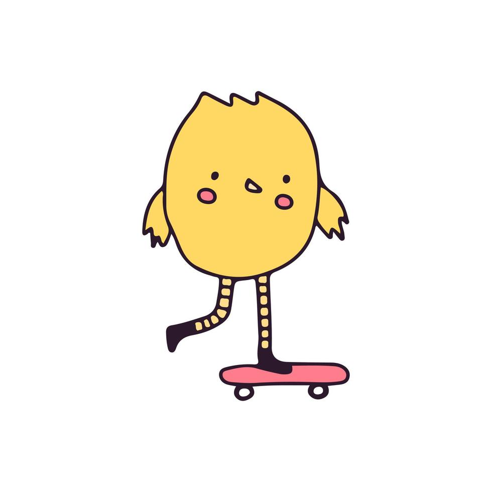 baby pollo in sella a skateboard, illustrazione per t-shirt, adesivi o articoli di abbigliamento. con stile doodle, retrò e cartone animato. vettore