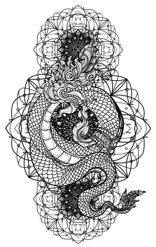 disegno e schizzo della mano del drago tailandese di arte del tatuaggio vettore