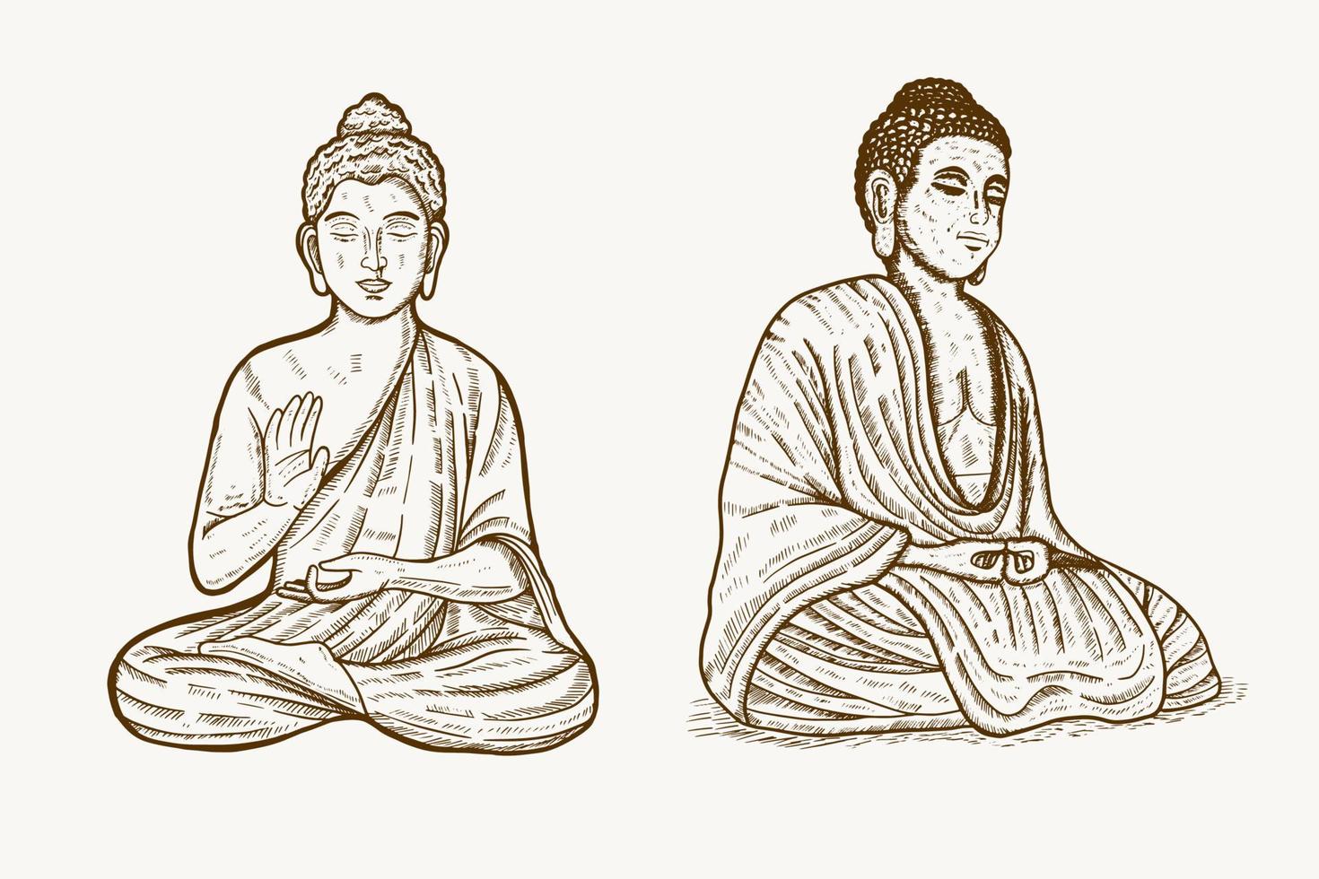 buddha meditando illustrazione disegnata a mano due diverse posizioni impostate vettore