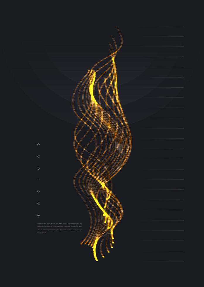 disegno astratto della pagina di copertina con onda di particelle dorate lucide su sfondo scuro. disegno dell'elemento concettuale. illustrazione vettoriale moderna.