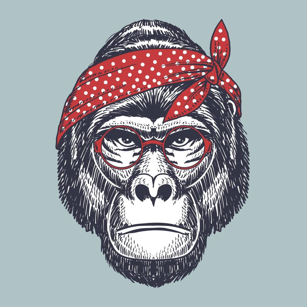 gorilla disegnato a mano con occhiali rossi e pois bandana vettore
