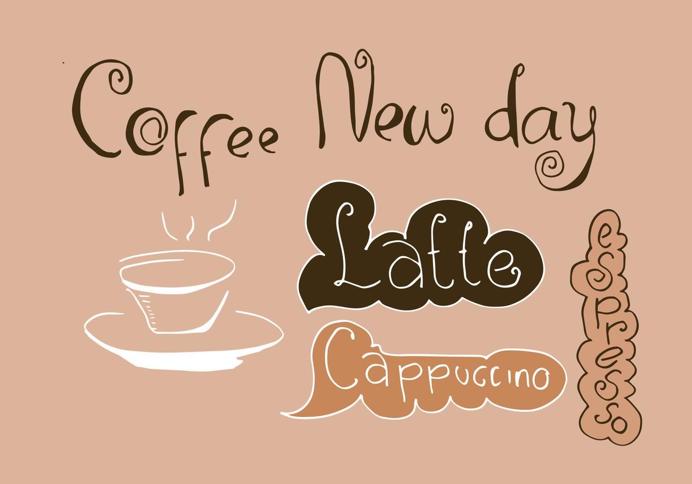 una raccolta di elementi del tempo del caffè con immagini di testo caffè nuovo giorno, latte, caffè espresso, cappuccino e tazza di caffè vettore
