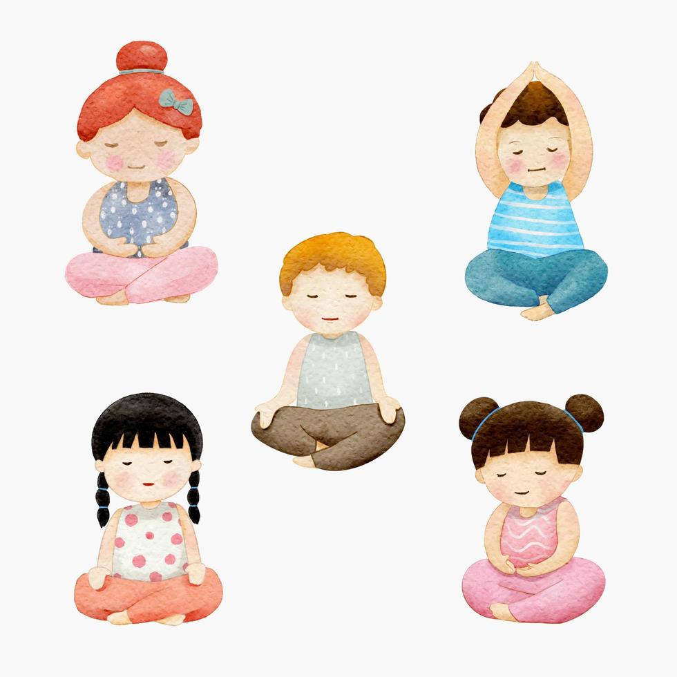 colore dell'acqua diversi meditando yoga per bambini. vettore di illustrazione del set di cartoni animati