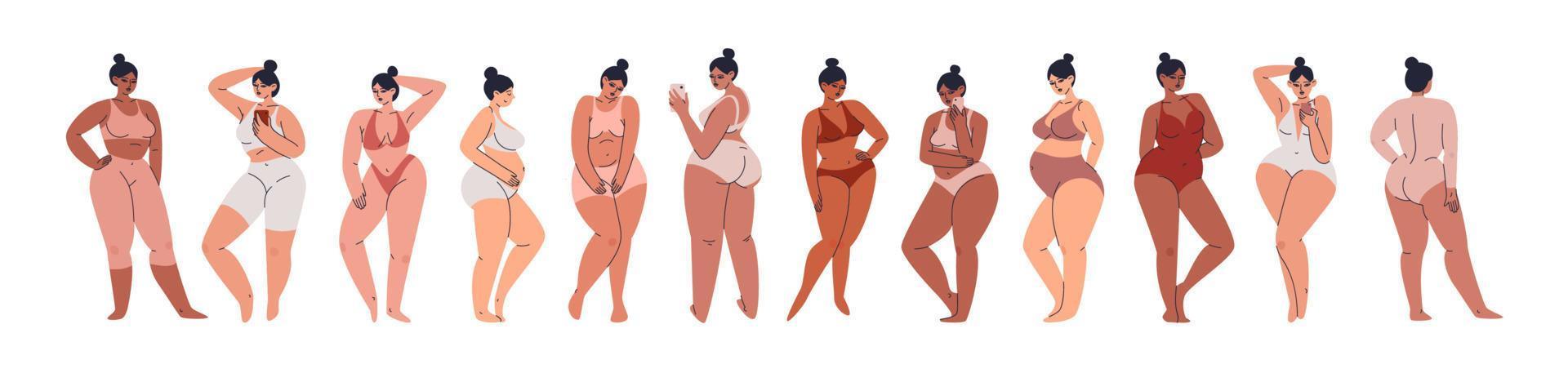 una collezione di ragazze grassocce. un ampio set di diverse giovani donne plus size disegnate a mano in costumi da bagno nudi e donne incinte. illustrazione di riserva di vettore isolata nello stile del fumetto.