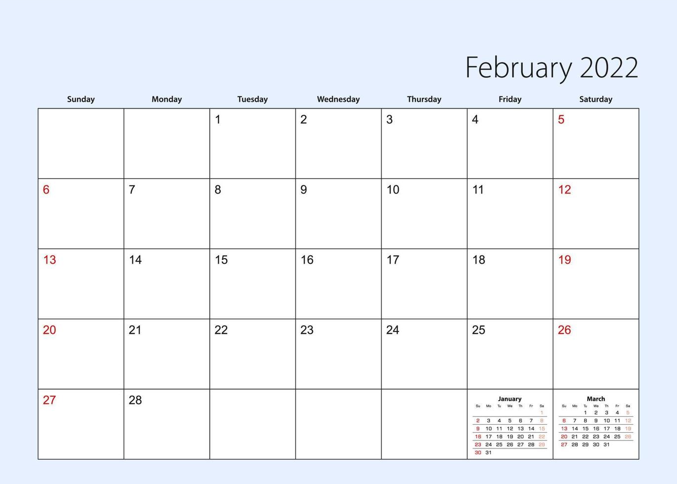calendario da parete planner per febbraio 2022. vettore