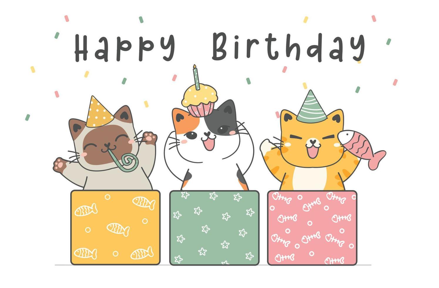 carta di buon compleanno, carino tre gattini felici divertenti che celebrano la festa di compleanno, vettore di disegno di cartoni animati per animali domestici