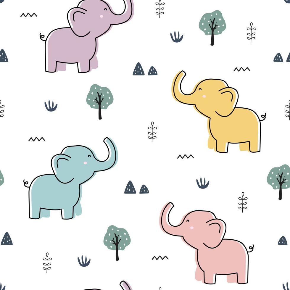 modello senza cuciture elefanti e alberi carino animale cartone animato sfondo utilizzato per tessuto, tessuto, stampa, illustrazione vettoriale carta da parati