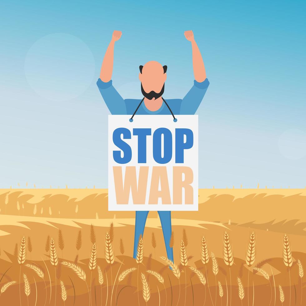 il ragazzo in piena crescita tiene un poster con la scritta stop the war. paesaggio rurale con campo di grano e cielo blu sullo sfondo. stile piatto. vettore