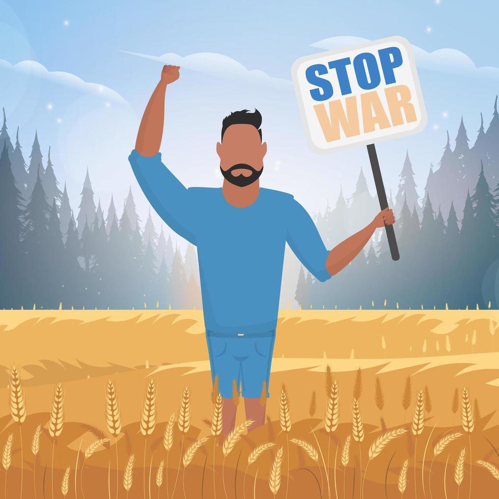 il ragazzo in piena crescita tiene un poster con la scritta stop the war. paesaggio rurale con campo di grano e cielo blu sullo sfondo. stile piatto. illustrazione vettoriale. vettore