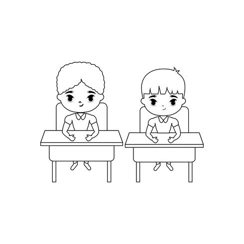 piccoli studenti seduti nei banchi di scuola vettore